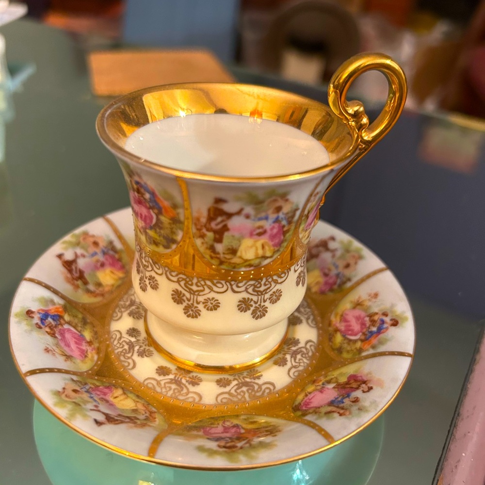 Vintage West Germany Footed Demitasse Cup & Saucer – White with Gold Trim
